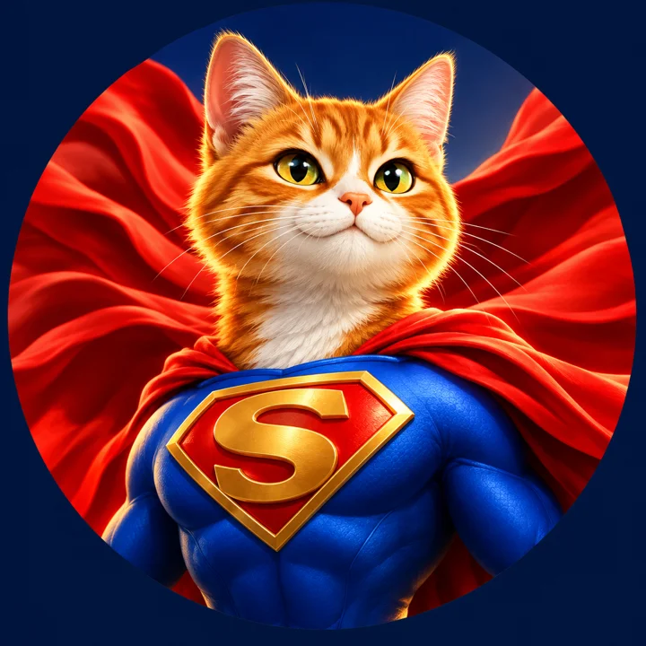 SuperCate — an orange tabby cat in a blue hero suit with a red cape and golden S emblem